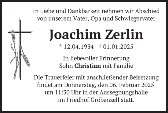 Traueranzeige von Joachim Zerlin von merkurtz