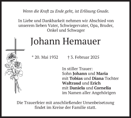 Traueranzeige von Johann Hemauer von merkurtz