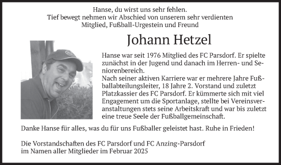 Traueranzeige von Johann Hetzel von merkurtz