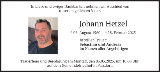 Traueranzeige von Johann Hetzel von merkurtz