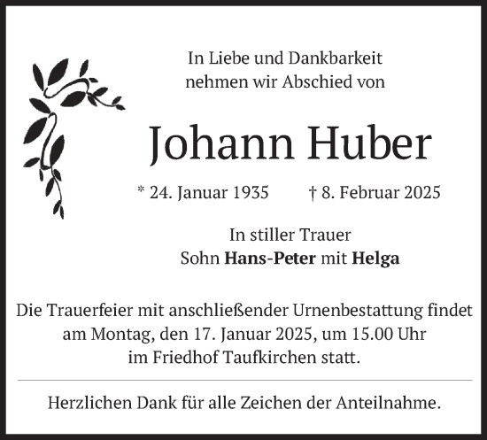 Traueranzeige von Johann Huber von merkurtz