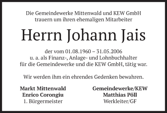 Traueranzeige von Johann Jais von merkurtz