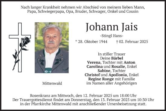 Traueranzeige von Johann Jais von merkurtz