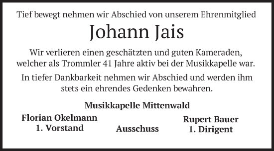 Traueranzeige von Johann Jais von merkurtz