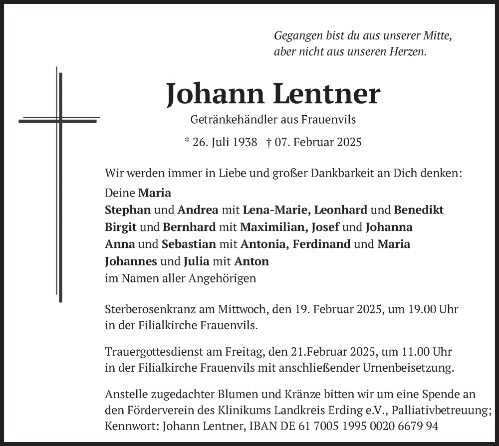  Traueranzeige für Johann Lentner vom 15.02.2025 aus merkurtz