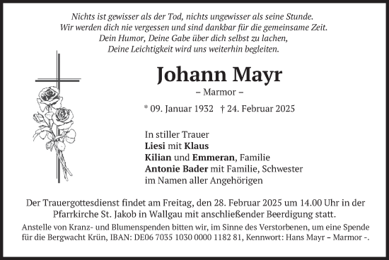 Traueranzeige von Johann Mayr von merkurtz