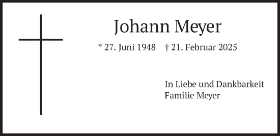 Traueranzeige von Johann Meyer von merkurtz