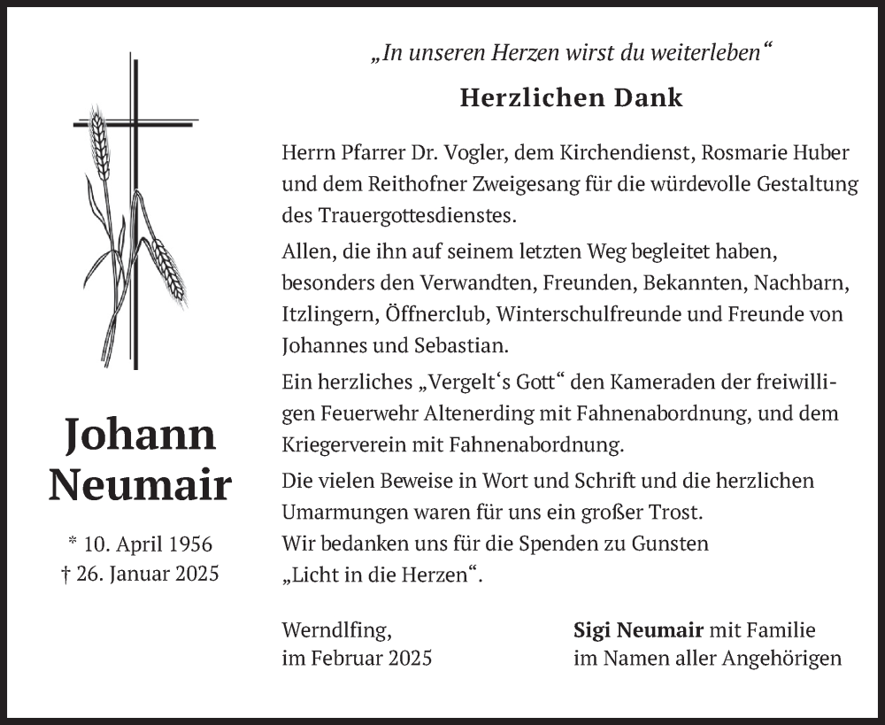  Traueranzeige für Johann Neumair vom 22.02.2025 aus merkurtz