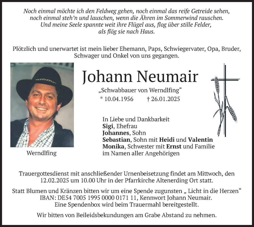  Traueranzeige für Johann Neumair vom 08.02.2025 aus merkurtz