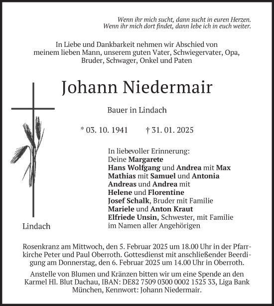 Traueranzeige von Johann Niedermair von merkurtz