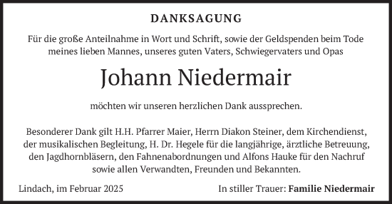 Traueranzeige von Johann Niedermair von merkurtz