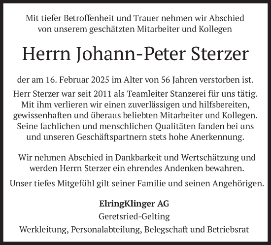 Traueranzeige von Johann-Peter Sterzer von merkurtz