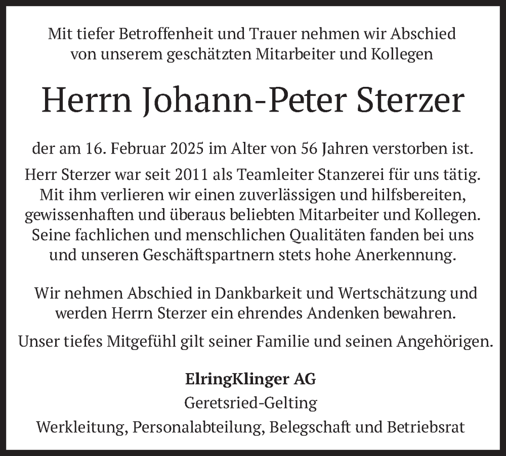  Traueranzeige für Johann-Peter Sterzer vom 25.02.2025 aus merkurtz