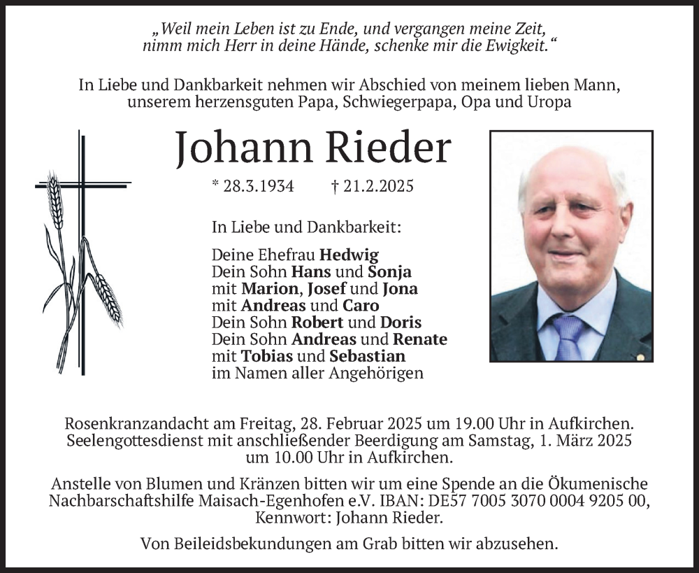 Traueranzeige für Johann Rieder vom 27.02.2025 aus merkurtz