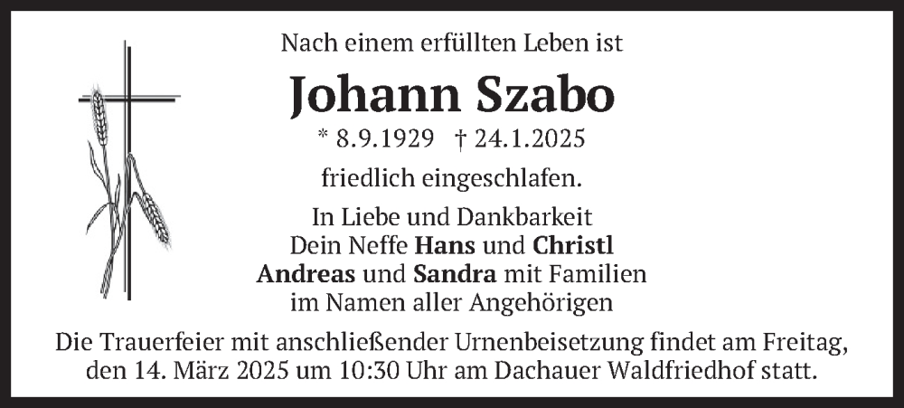  Traueranzeige für Johann Szabo vom 01.02.2025 aus merkurtz