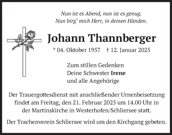 Traueranzeige von Johann Thannberger von merkurtz