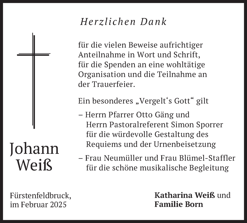  Traueranzeige für Johann Weiß vom 28.02.2025 aus merkurtz