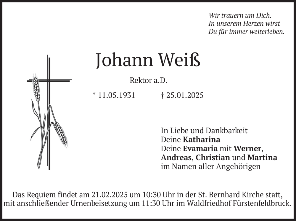  Traueranzeige für Johann Weiß vom 15.02.2025 aus merkurtz