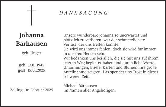 Traueranzeige von Johanna Bärhausen von merkurtz