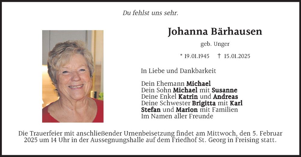  Traueranzeige für Johanna Bärhausen vom 01.02.2025 aus merkurtz