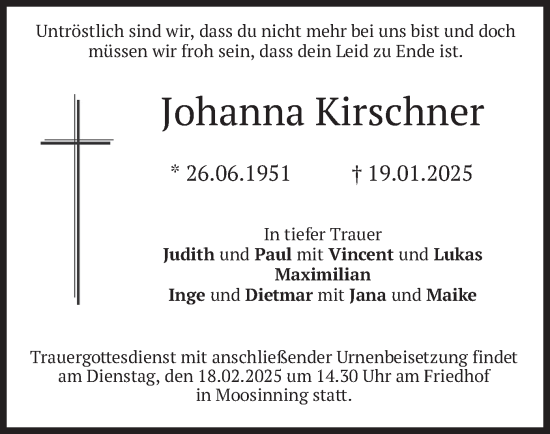 Traueranzeige von Johanna Kirschner von merkurtz