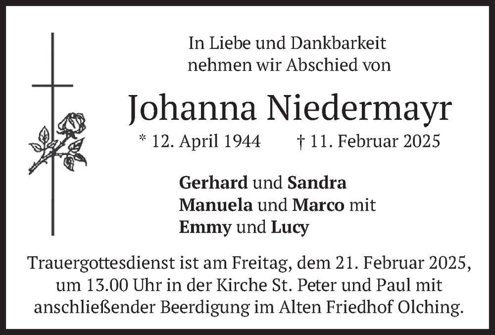 Traueranzeige für Johanna Niedermayr vom 15.02.2025 aus merkurtz