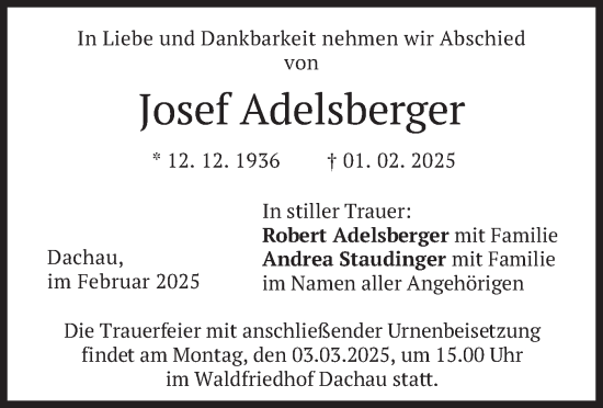 Traueranzeige von Josef Adelsberger von merkurtz