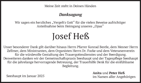 Traueranzeige von Josef Heß von merkurtz