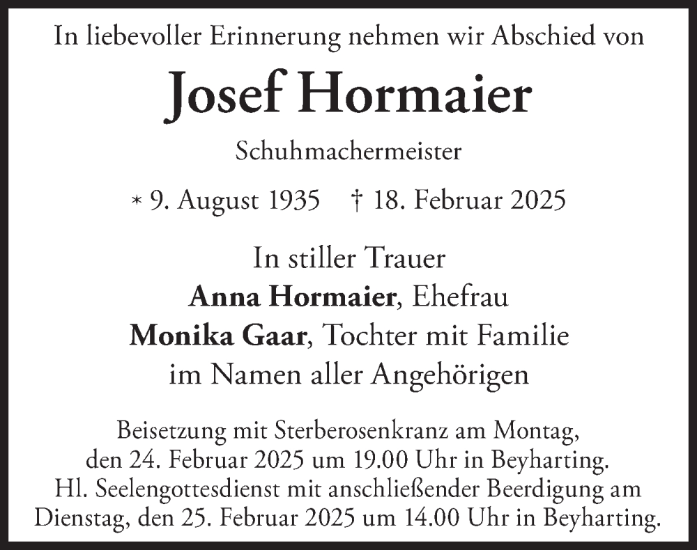  Traueranzeige für Josef Hormaier vom 22.02.2025 aus merkurtz