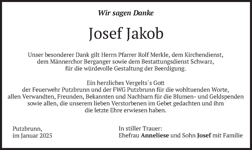  Traueranzeige für Josef Jakob vom 01.02.2025 aus merkurtz
