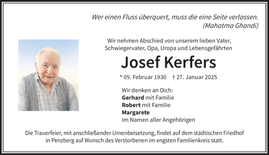 Traueranzeige von Josef Kerfers von Das Gelbe Blatt Penzberg