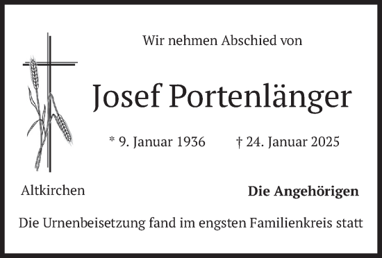 Traueranzeige von Josef Portenlänger von merkurtz