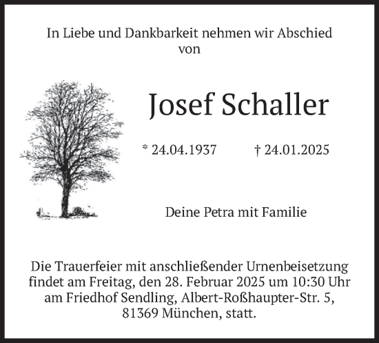 Traueranzeige von Josef Schaller von merkurtz