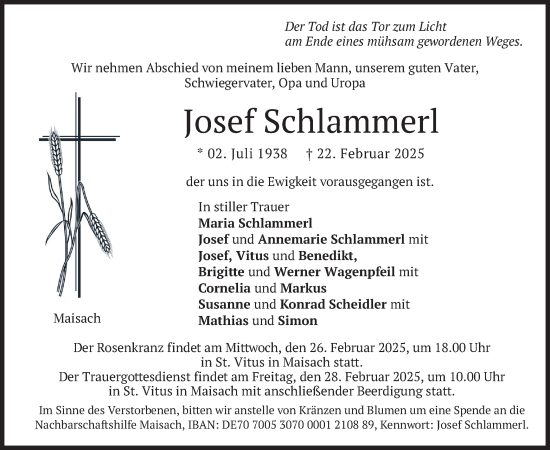Traueranzeige von Josef Schlammerl von merkurtz