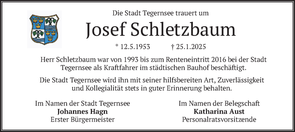  Traueranzeige für Josef Schletzbaum vom 15.02.2025 aus merkurtz