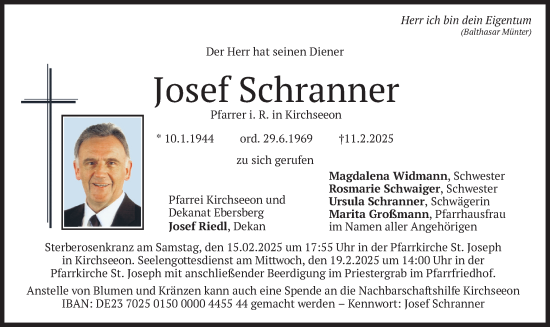 Traueranzeige von Josef Schranner von merkurtz