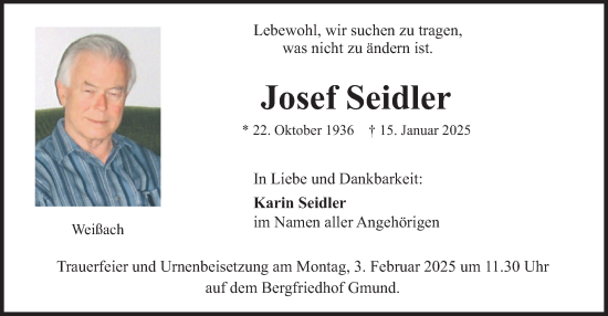 Traueranzeige von Josef Seidler von merkurtz