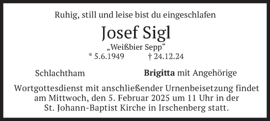 Traueranzeige von Josef Sigl von merkurtz