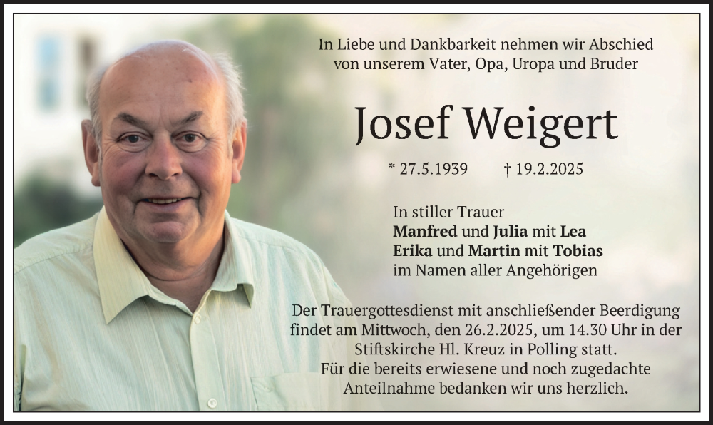  Traueranzeige für Josef Weigert vom 22.02.2025 aus merkurtz