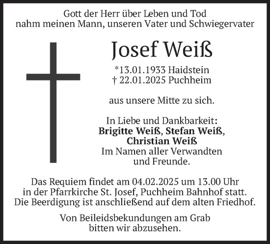 Traueranzeige von Josef Weiß von merkurtz