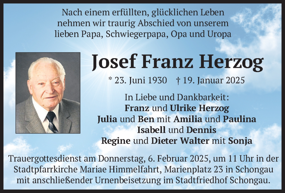  Traueranzeige für Josef Franz Herzog vom 01.02.2025 aus merkurtz