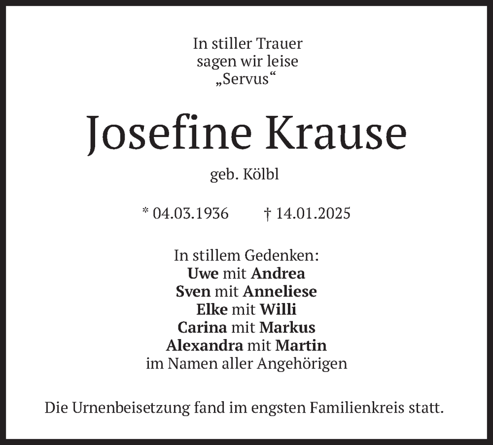  Traueranzeige für Josefine Krause vom 13.02.2025 aus merkurtz