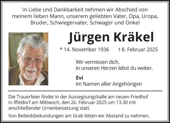 Traueranzeige von Jürgen Kräkel von Das Gelbe Blatt Penzberg