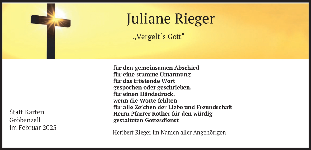  Traueranzeige für Juliane Rieger vom 15.02.2025 aus merkurtz