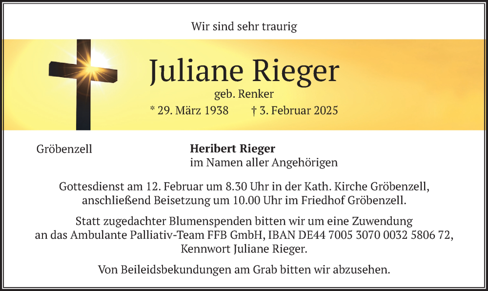  Traueranzeige für Juliane Rieger vom 08.02.2025 aus merkurtz