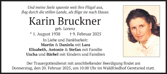 Traueranzeige von Karin Bruckner von merkurtz