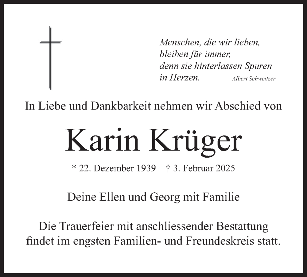  Traueranzeige für Karin Krüger vom 22.02.2025 aus merkurtz