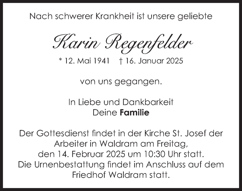  Traueranzeige für Karin Regenfelder vom 08.02.2025 aus merkurtz