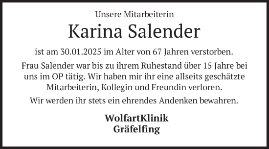 Traueranzeige von Karina Salender von merkurtz