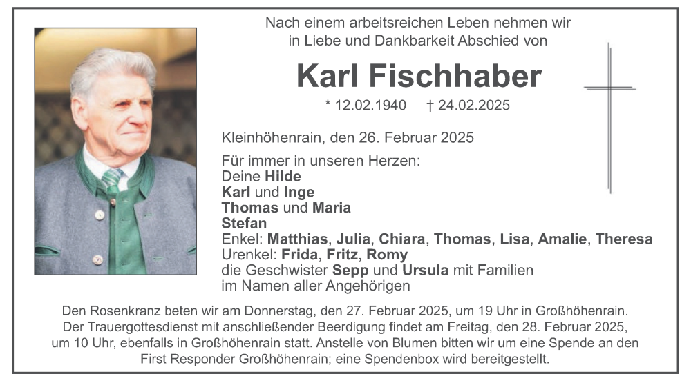  Traueranzeige für Karl Fischhaber vom 26.02.2025 aus merkurtz